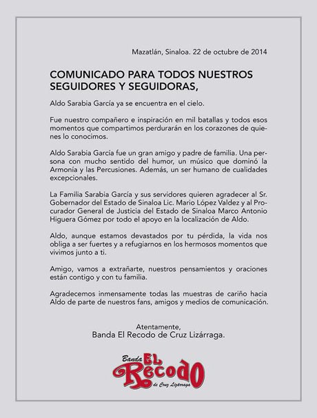 Banda El Recodo confirma muerte de Aldo Sarabia