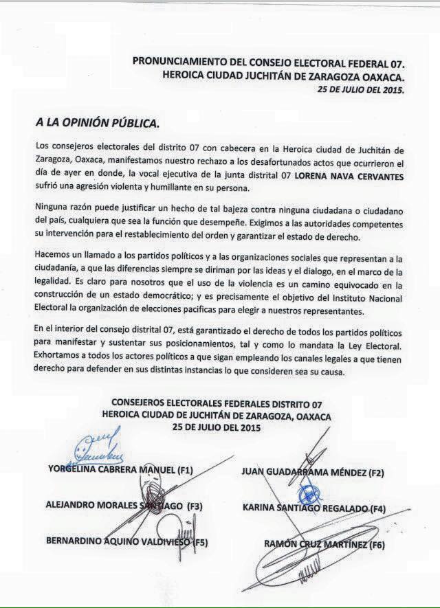 Consejeros electorales de la Vocalía 07 Juchitán reprueban violencia  contra funcionaria