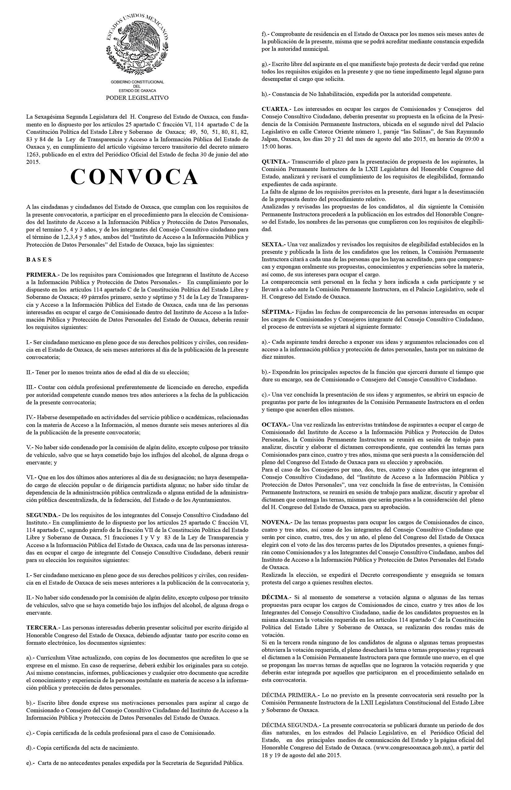 Convocatoria para integrar el Instituto de Transparencia de Oaxaca