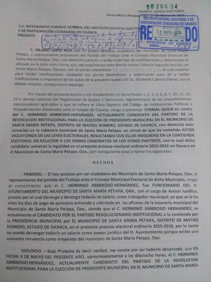 Acusan a alcalde de Santa María Petapa de beneficiar al candidato del PRI con recursos