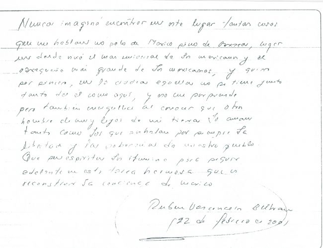 Una nota manuscrita del licenciado Rubén Vasconcelos cuando fue diputado y visitó el Museo Juarista.