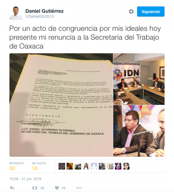 Renuncia de Daniel Gutiérrez.