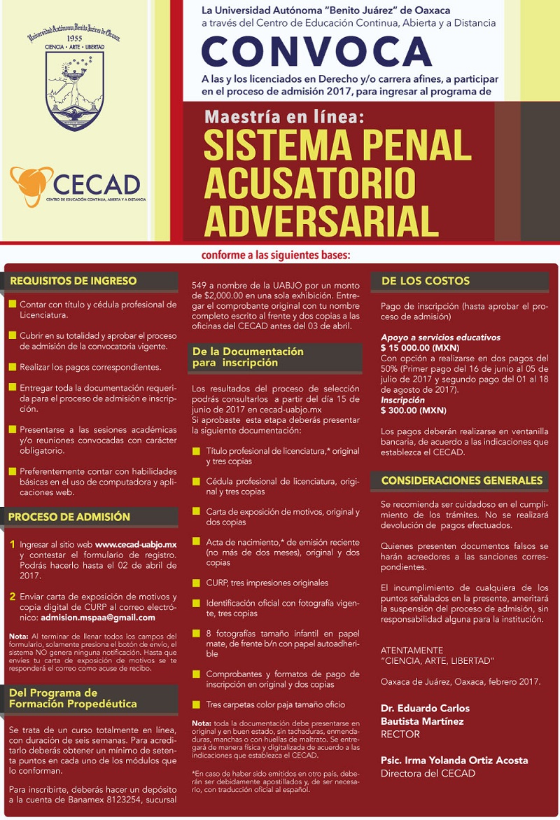Invita CECAD a cursar en línea la Maestría en Sistema Penal Acusatorio Adversarial