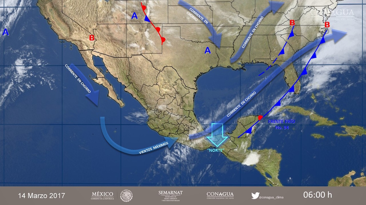 Frente frío 34 ocasionará tormentas fuertes a muy fuertes en el Sureste de México