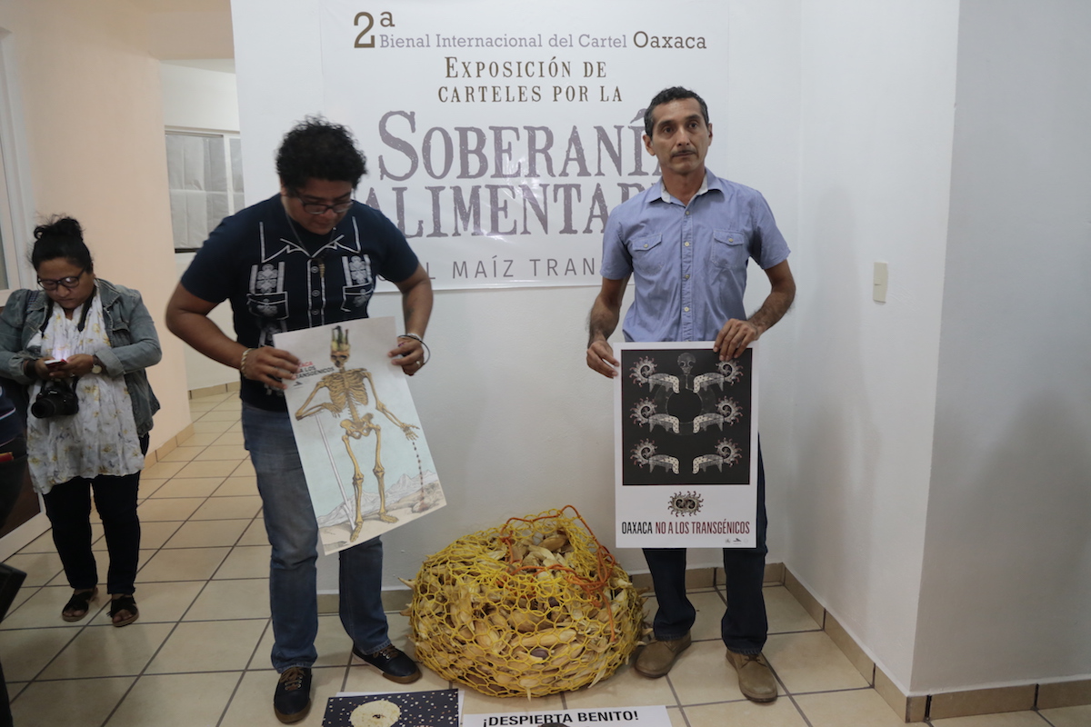 ¡No a los transgénicos!, muestra de la Bienal de Carteles en Juchitán