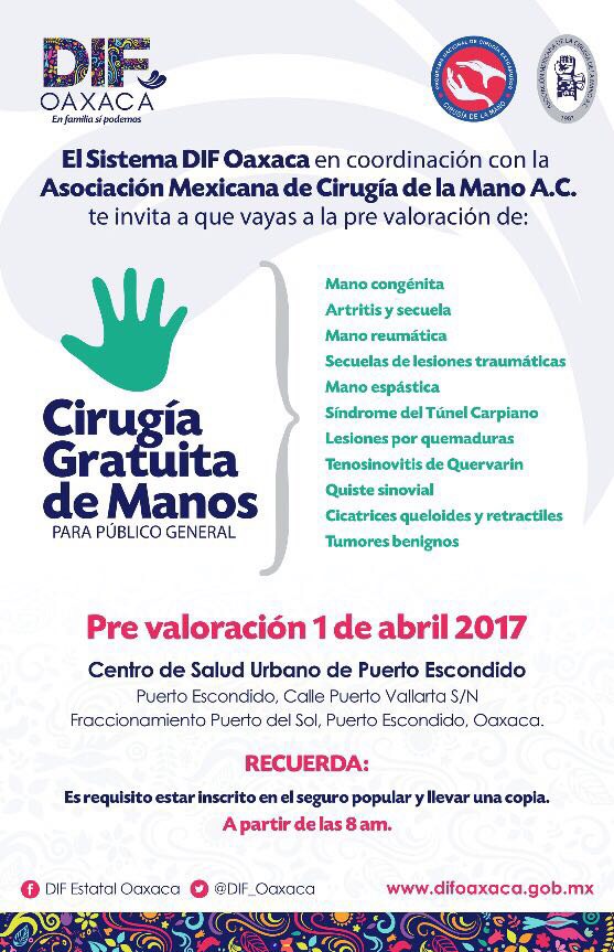 DIF Estatal realizará una jornada gratuita de Cirugías de Mano en Puerto Escondido