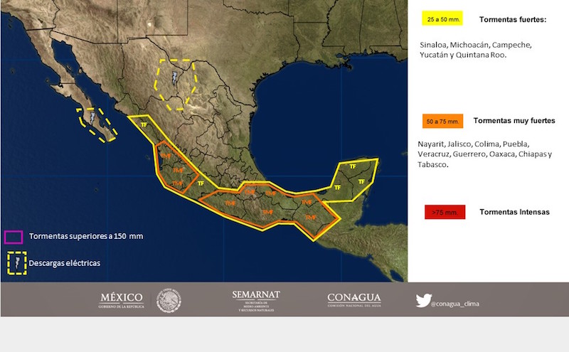 Tormentas muy fuertes se prevén en regiones de Baja California Sur, Nayarit, Jalisco, Colima y Michoacán