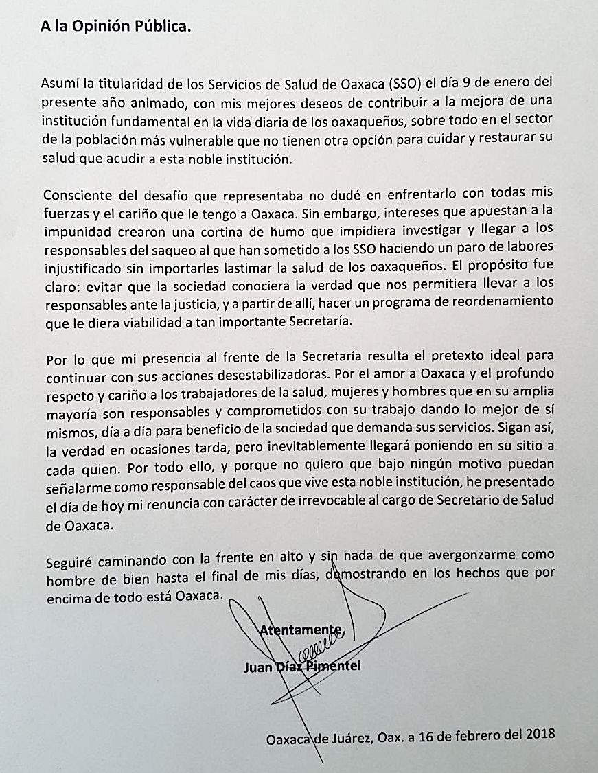 Se imponen sindicatos de Salud a Murat; renuncia Díaz Pimentel