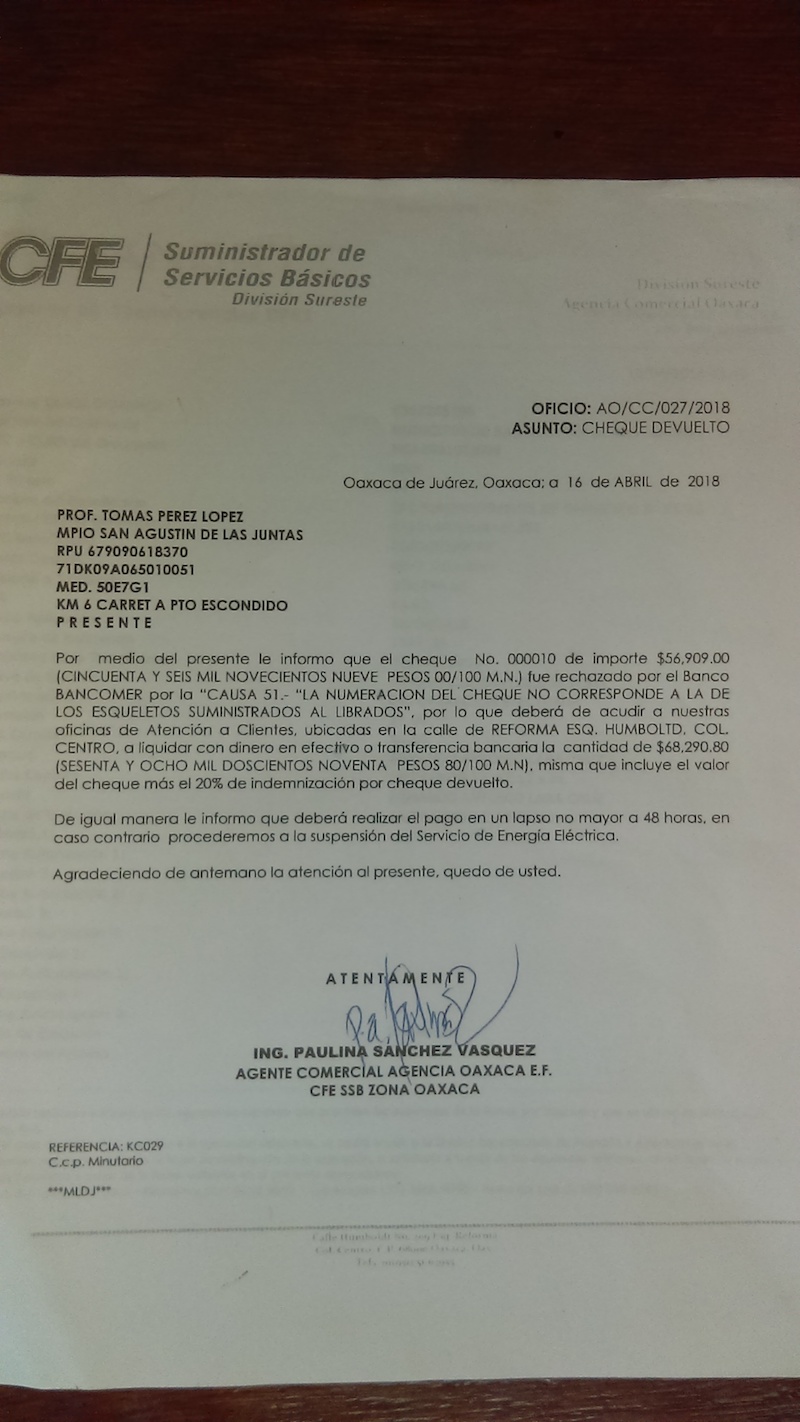 Edil de San Agustín de las Juntas paga a CFE con cheque sin fondos