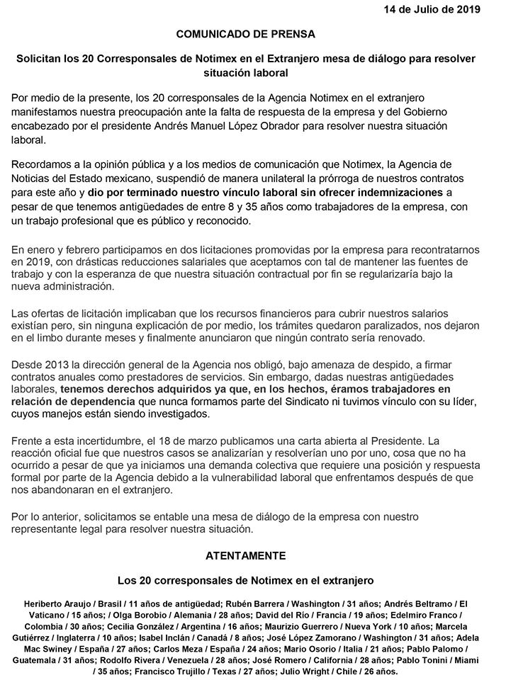 Notimex desampara corresponsales en el extranjero, exigen diálogo pagina 3