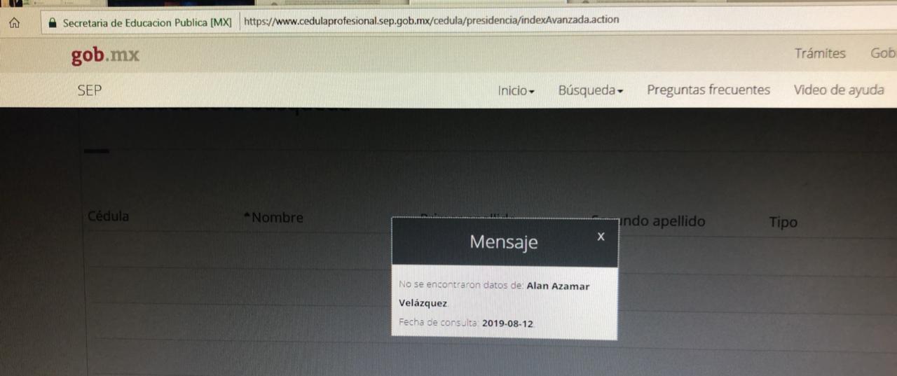 BÚSQUEDA SIN ENCONTRAR RESULTADOS DE CÉDULA PROFESIONAL DE ÁLAN AZAMAR VELÁZQUEZ