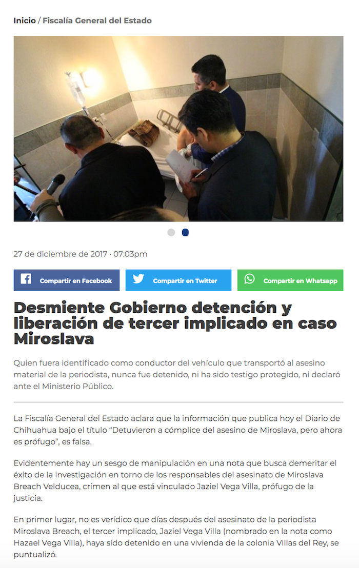 Comunicado del Gobierno de Chihuahua, caso miroslava
