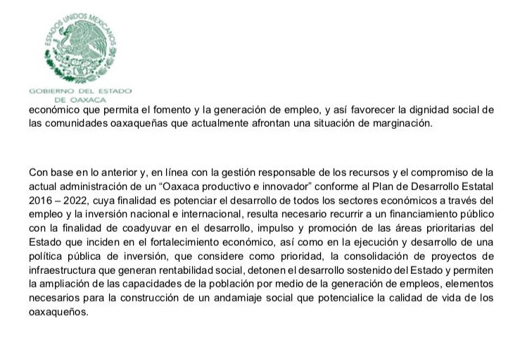 Murat pide autorización al Congreso para contratar financiamiento de 3,500 mdp y refinanciar deuda de 13, 101 mdp para inversión pública