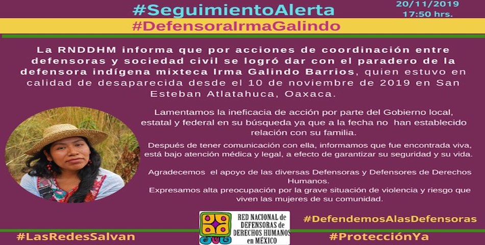 Aparece con vida la defensora mixteca; los gobiernos de Murat y Amlo ni se inmutaron: Red Nacional de Defensoras