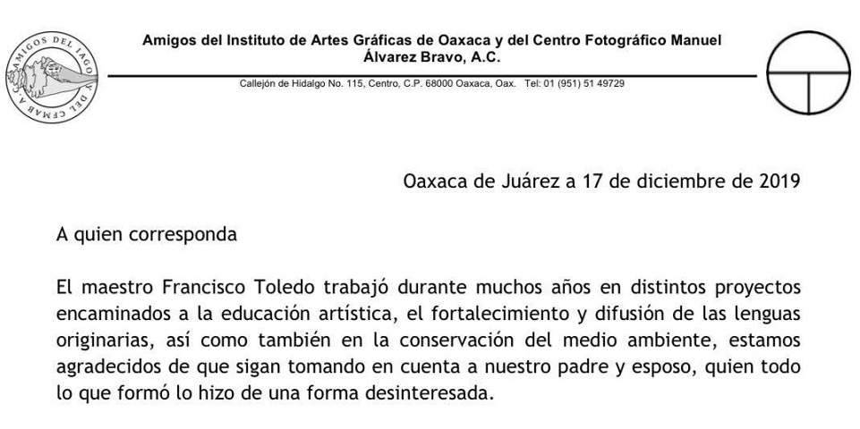 Ni premios, ni calles, ni inmuebles, pide familia de Francisco Toledo a clase política-gubernamental y exige a Cámara de Diputados retirar su nombre de medalla