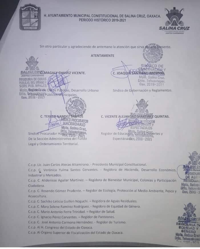 Regidores del Ayuntamiento de Salina Cruz emitieron un exhorto al edil