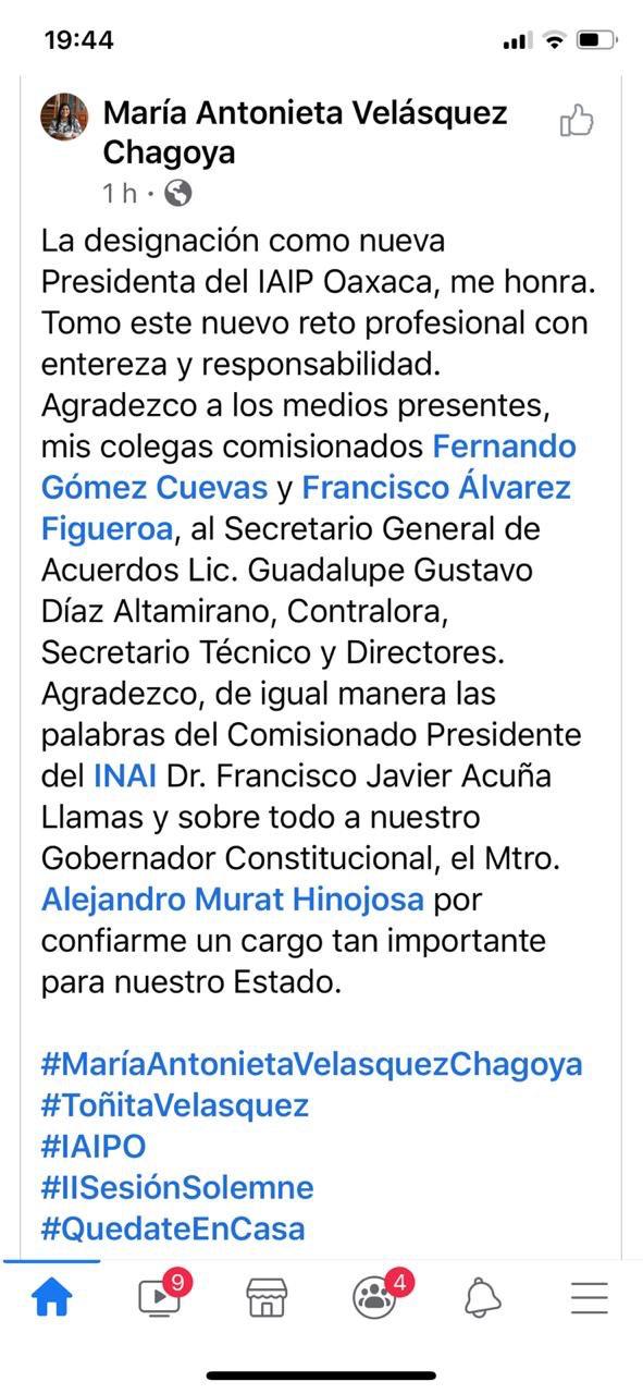maria antonieta agredece el puesto en IAIPO