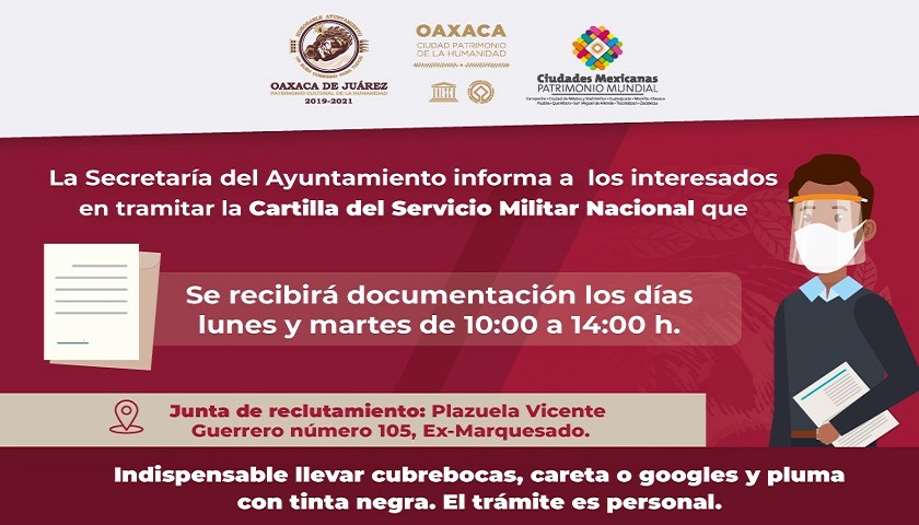 Invita Ayuntamiento de Oaxaca a iniciar trámite de cartilla del Servicio Militar