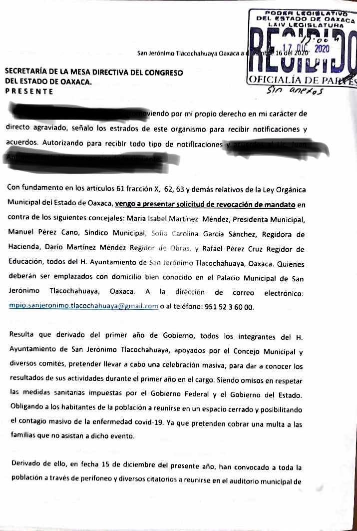 Promueven revocación de mandato contra el cabildo de Tlacochahuaya
