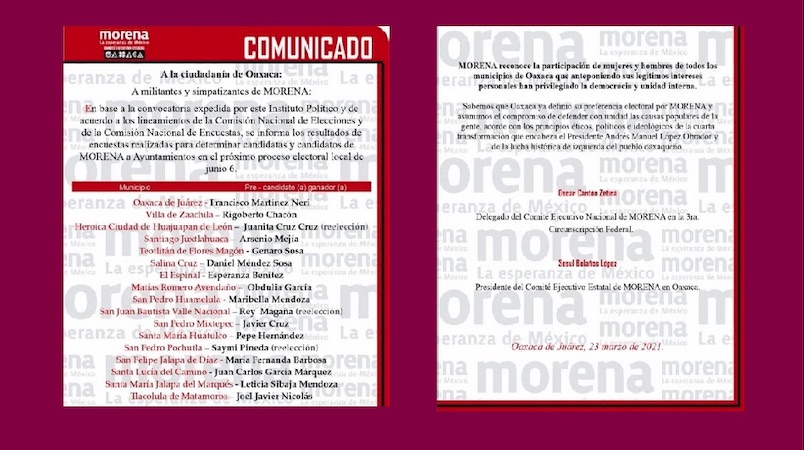 Morena anuncia candidaturas en 17 municipios de Oaxaca; al momento 3 ediles van a reelección y 3 se caen