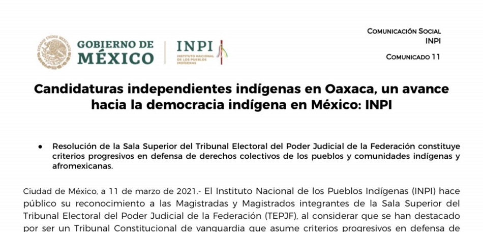Candidaturas independientes indígenas en Oaxaca, avance hacia la democracia, afirma INPI; celebra sentencia del TEPJF