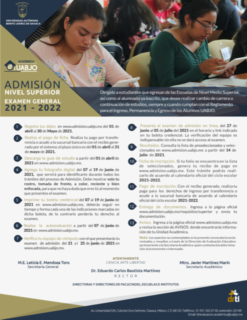 La UABJO abre convocatoria para el proceso de admisión 2021-2022