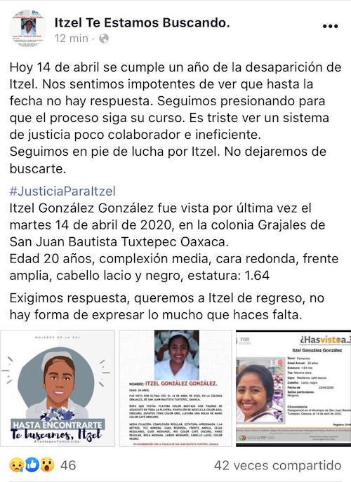 Se cumple un año de la desaparición de la estudiante Itzel González en Oaxaca