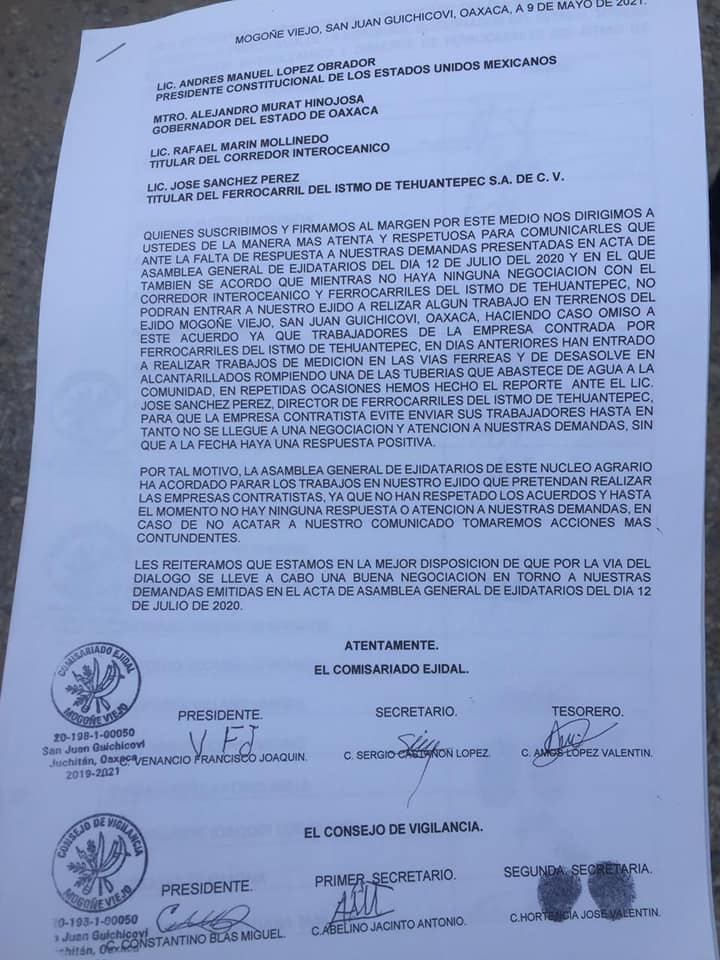 Ejidatarios mixes suspenden trabajos del Corredor Interoceánico
