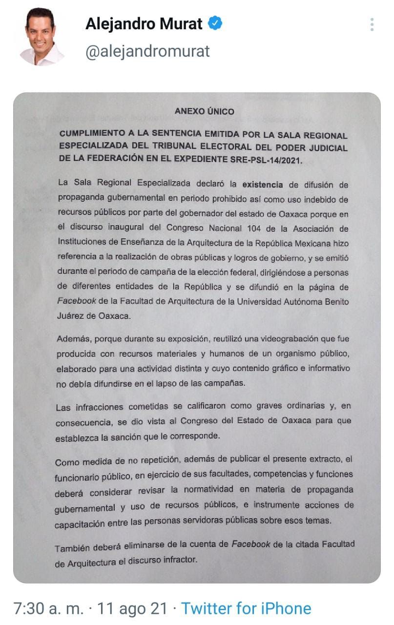 Mientras corre impugnación, Murat inicia cumplimiento de sentencia del TEPJF por infracción electoral