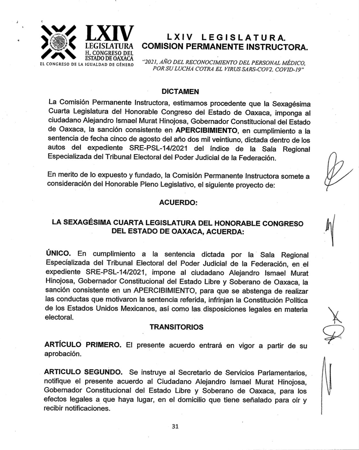 Por violar veda electoral, Congreso impondrá a Gobernador de Oaxaca “apercibimiento”; irá a plataforma de Servidores Públicos Sancionados