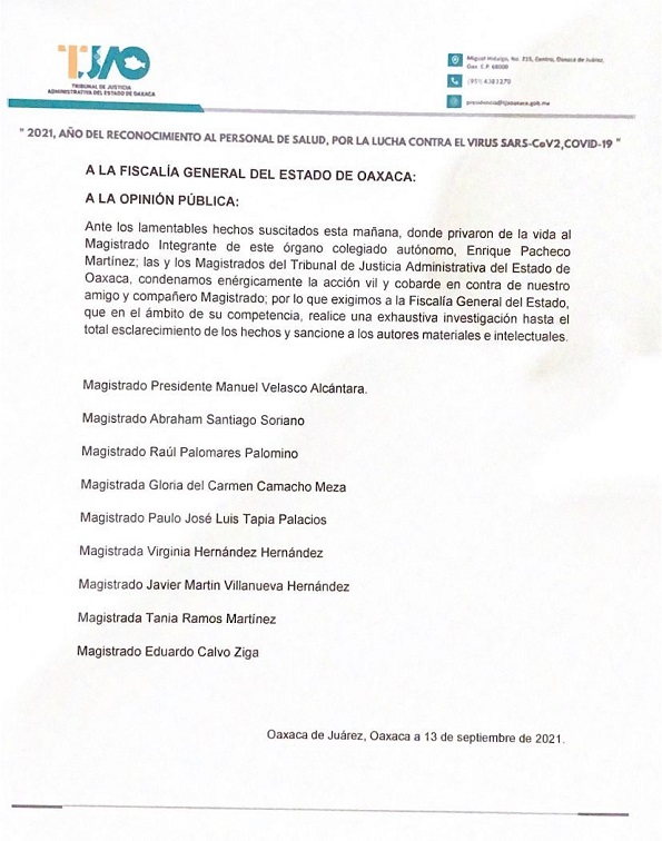 Tribunal de Justicia de Administrativa de Oaxaca pide a FIscalía sancionar a asesinos de magistrado