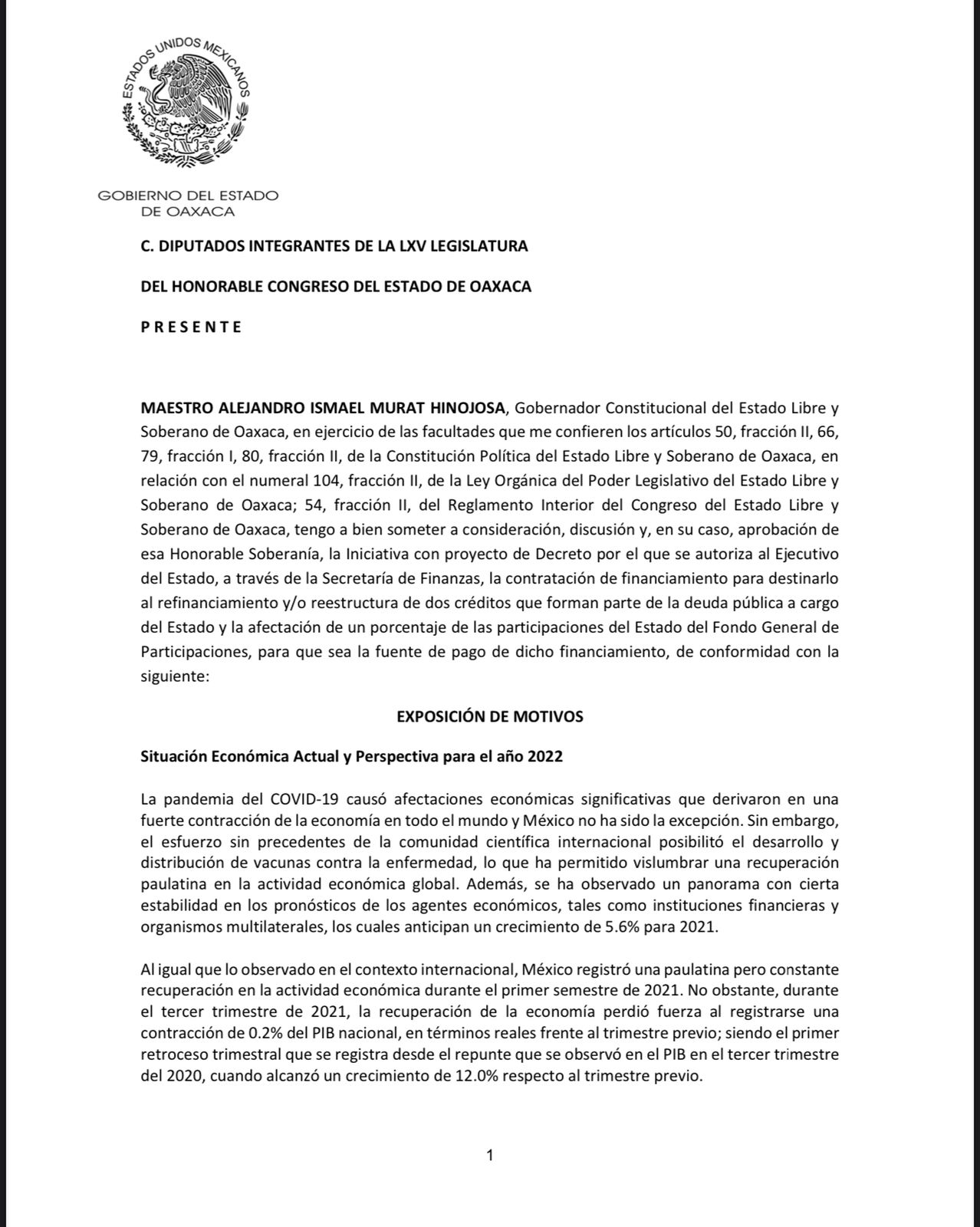 Murat pide al Congreso autorización para contratar financiamiento de 1,534.2 mdp; reestructurará deuda pública