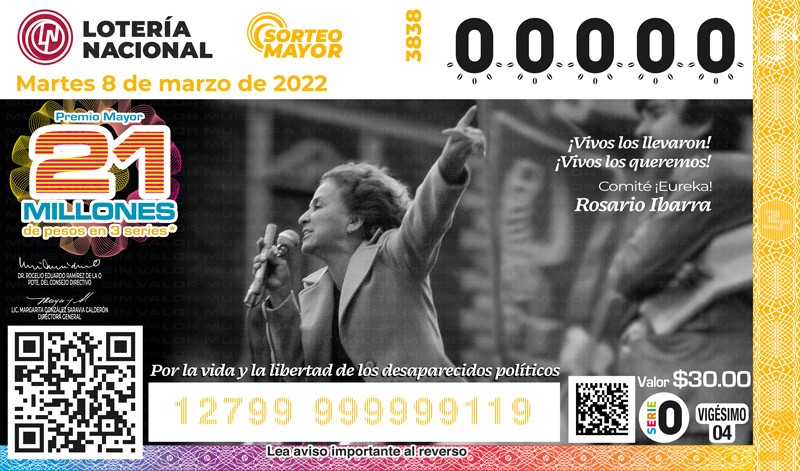 8 de Marzo, billete de la lotería nacional en honor de Rosario Ibarra de Piedra