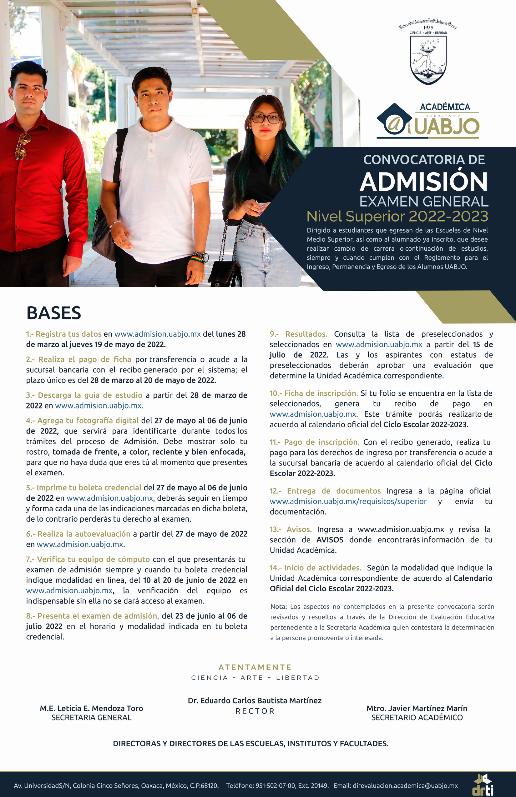 La UABJO convoca a aspirantes de Nivel Medio Superior a ingresar a sus licenciaturas