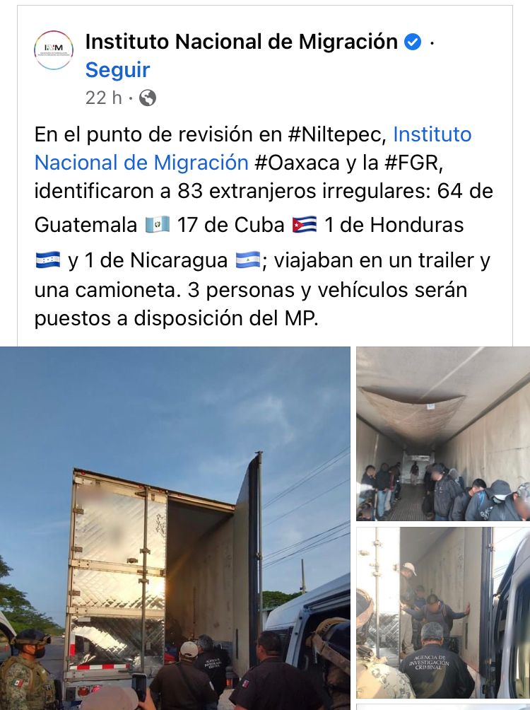 Detienen a 83 Migrantes centroamericanos y cubanos en Oaxaca cuando viajaban en un tráiler