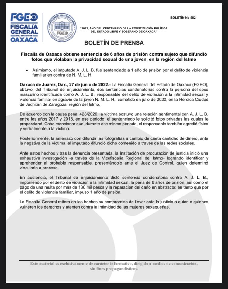 Aplican Ley Olimpia en Oaxaca y le dictan 6 años de prisión por violentar la intimidad sexual de una joven