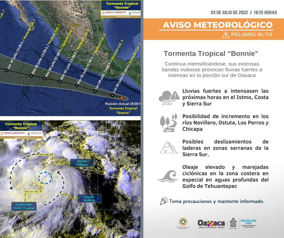 Se intensifica tormenta tropical “Bonnie” al sur del Golfo de Tehuantepec