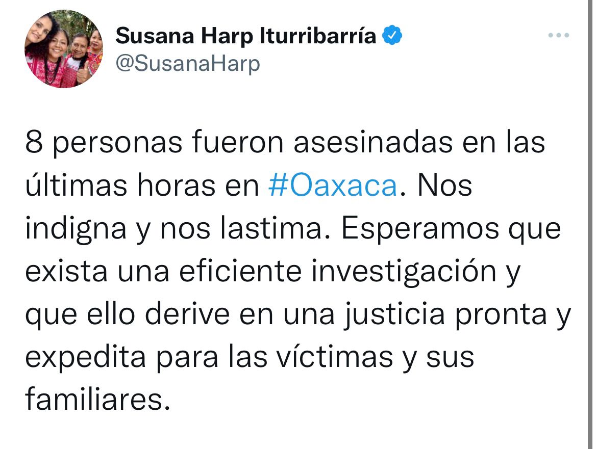Condena Senadora Susana Harp multihomicidios registrados en Oaxaca