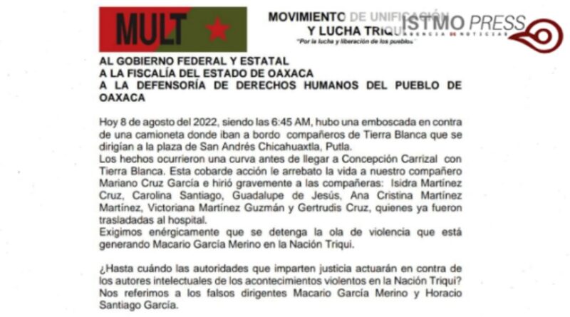 Agreden a integrantes del MULT en Oaxaca, una persona fallecida y cinco mujeres heridas