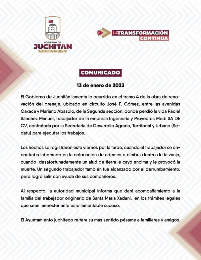 El Gobierno de Juchitán lamenta lo ocurrido en el tramo 4 de la obra de renovación del drenaje