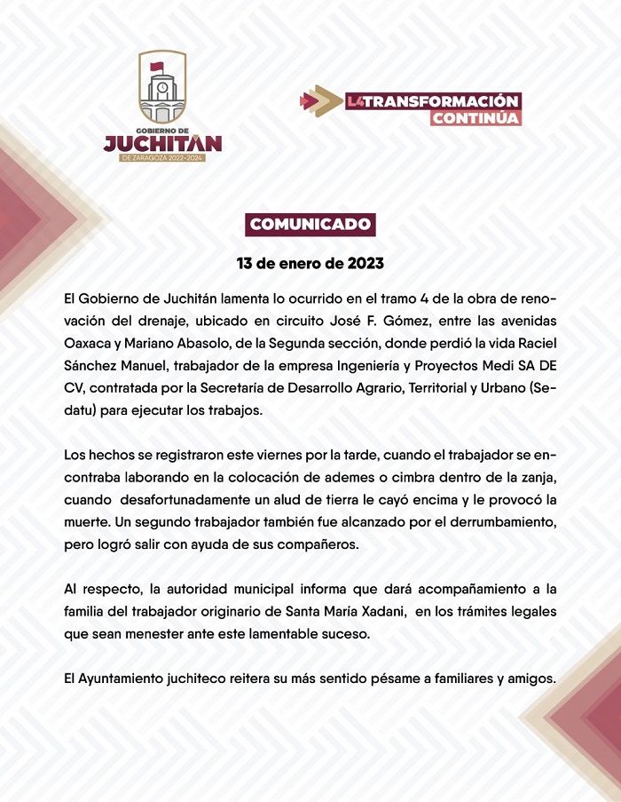El Gobierno de Juchitán lamenta lo ocurrido en el tramo 4 de la obra de renovación del drenaje