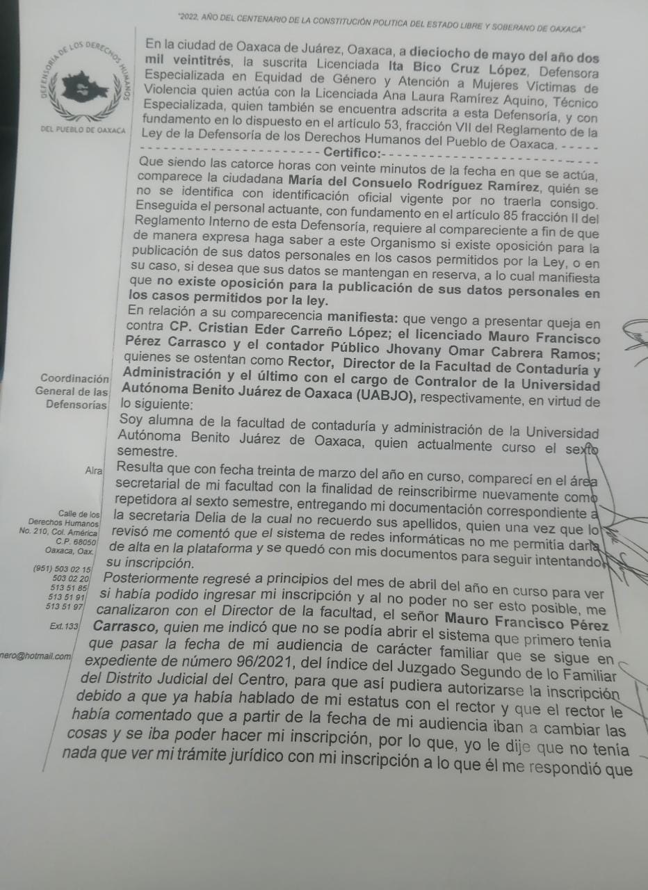 Consuelo denunció a contralor de la UABJO por deudor alimentario y la Universidad le impide estudiar “No aparece en lista de asistencias”