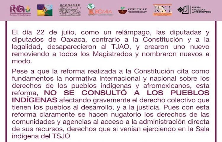 Creación de nuevo Tribunal en Oaxaca violenta derechos colectivos