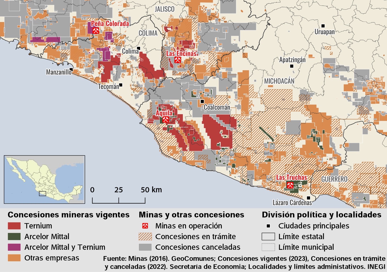 Concesiones mineras en los estados de Michoacán y Colima. Mapa elaborado por GeoComunes