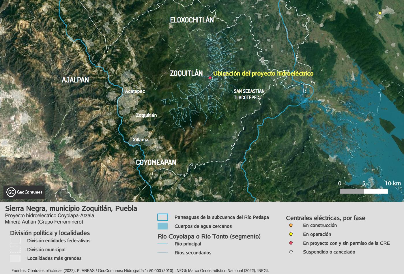Ríos localizados en la región donde se planea el proyecto hidroeléctrico. Mapa elaborado por GeoComunes