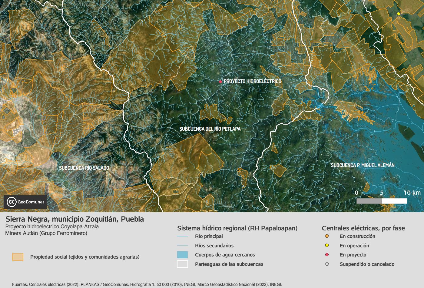 Ejidos y comunidades agrarias ubicadas en la región donde se pretende construir el proyecto hidroeléctrico. Mapa elaborado por GeoComunes