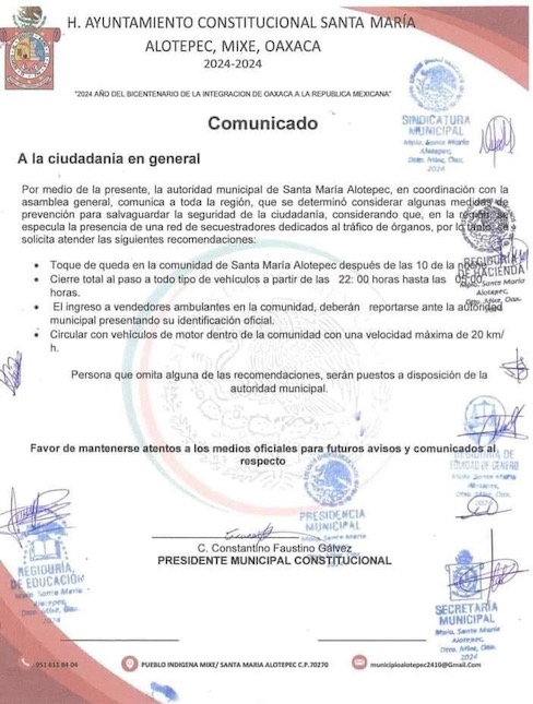 Las autoridades municipales de Santa María Alotepec mandataron "toque de queda" para proteger a la población.