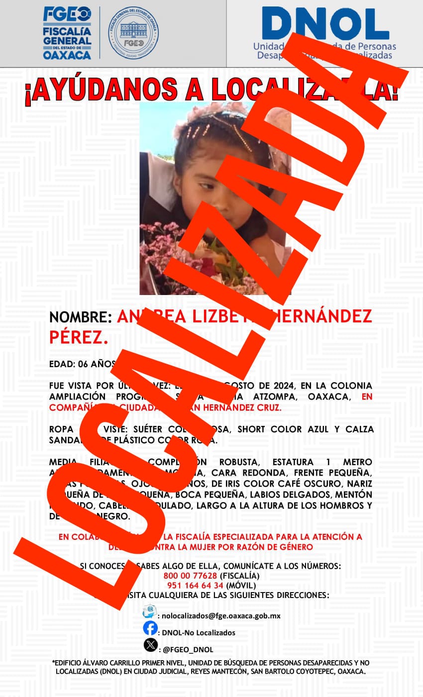 Fiscalía de Oaxaca da con el paradero y restituye con su familia a siete personas reportadas como No Localizadas, entre ellas hay cuatro menores de edad