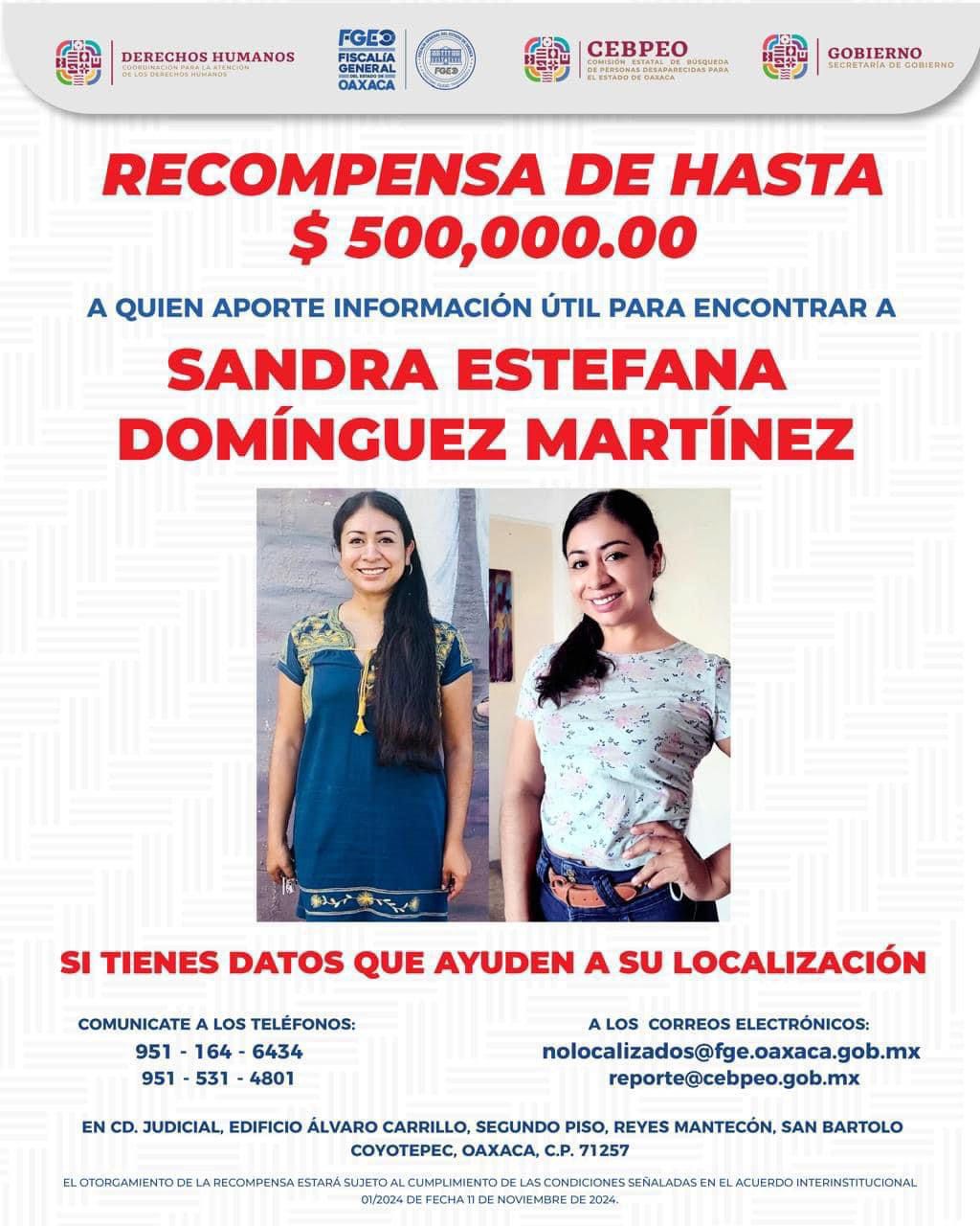 En Oaxaca, 500 mp de recompensa por información que dé con paradero de Sandra Domínguez; $350 en Veracruz