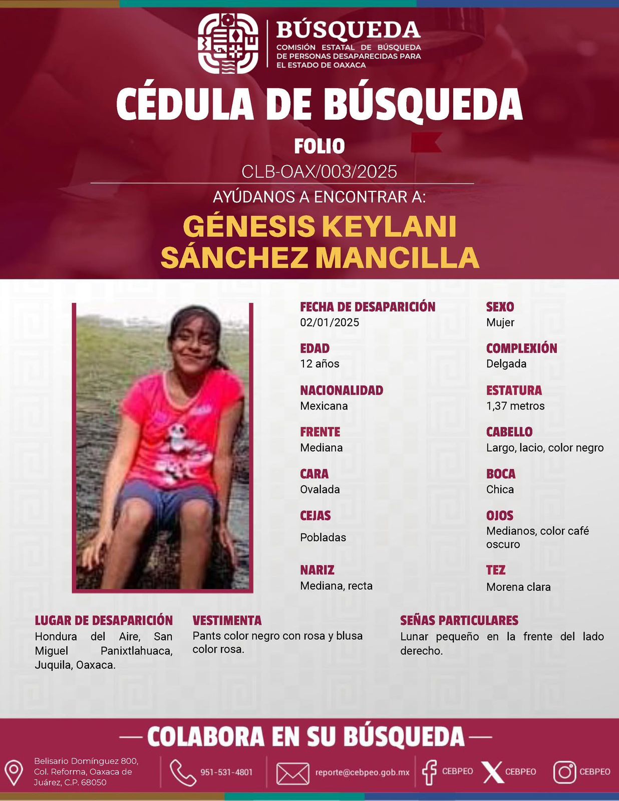 Comunidad de Oaxaca busca a Keylani Sánchez Mancilla, niña chatina que desapareció el 2 de enero cerca del Cerro El Corozal